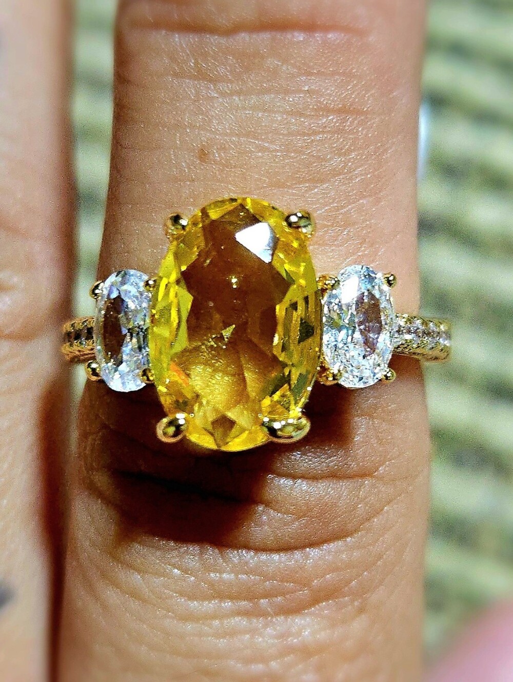 18k Gold Filled Canary Yellow Oval & White Oval 3-Stone Ring
